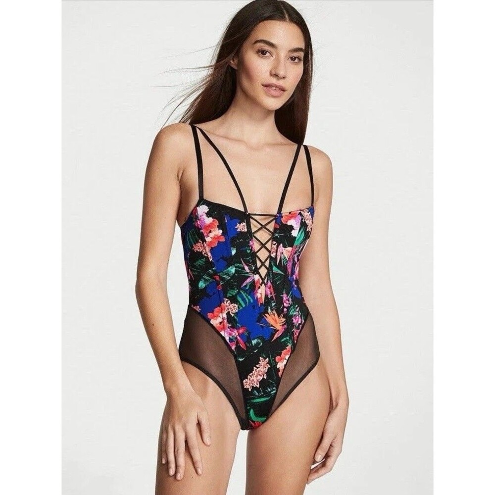 2022 Victoria's Secret Lace-Up Corset Bodysuit Teddy Size S Women Black Floral